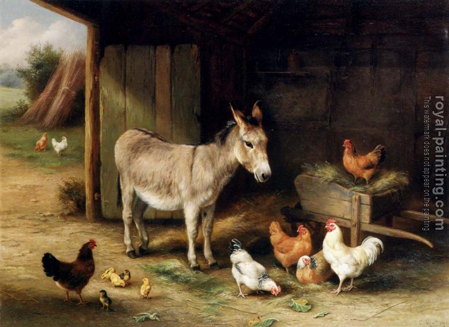 Edgar Hunt : Donkey Hens And Chickens In A Barn